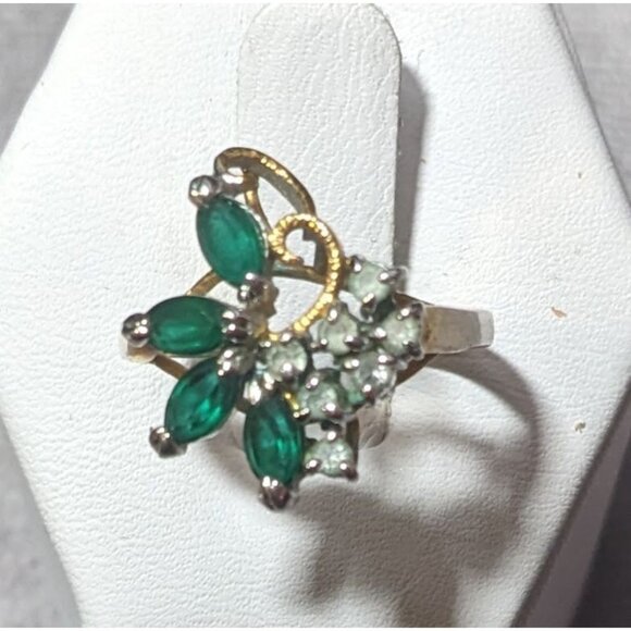 Vintage Faux Emerald And Diamond 14kt Gold Plated Floral Ring Size 5 3/4 - Picture 1 of 14